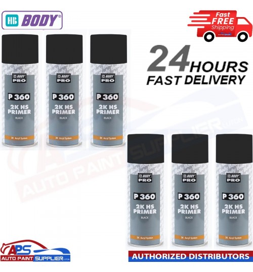 6x HB Body 360 2K BLACK Acrylic Car Filler Primer Aerosol 400ml - FAST DELIVERY